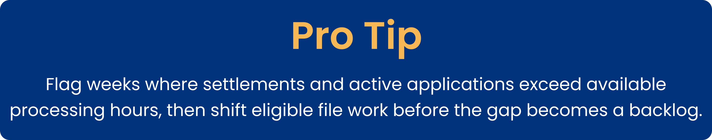 Pro tip: flag weeks where settlements and active applications exceed available processing hours